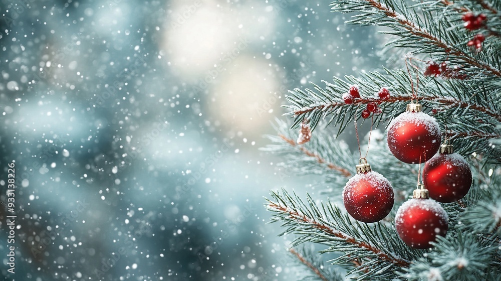 Christmas and New Year Holidays Concept with Red Balls on Fir Branches and a Winter Snowy Backdrop for a Festive Season Background Template Christmas and New Year Holidays Concept with Red Balls on Fir Branches and a Winter Snowy Backdrop for a Festive Season Background Template