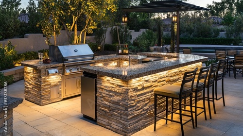 A large outdoor kitchen with a grill and a bar