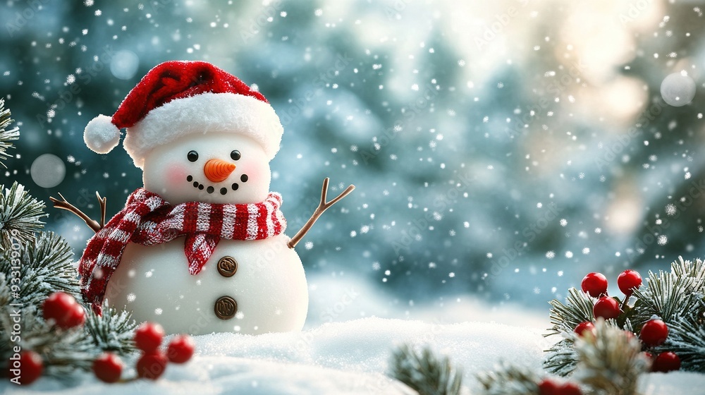 Merry Christmas and Happy New Year Greeting Card with Copy Space Featuring a Happy Snowman in a Christmas Landscape and Snowy Winter Fairytale Background Merry Christmas and Happy New Year Greeting Card with Copy Space Featuring a Happy Snowman in a Christmas Landscape and Snowy Winter Fairytale Background