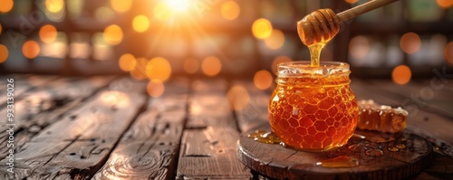 Jar of golden honey with a honey dipper on a rustic wooden table, representing natural sweetness. Free copy space for text.
