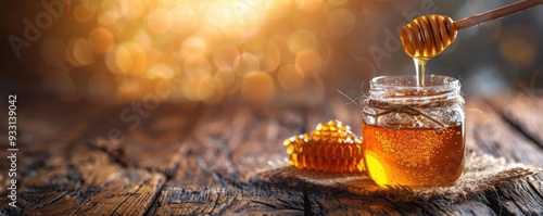 Jar of golden honey with a honey dipper on a rustic wooden table, representing natural sweetness. Free copy space for text.
