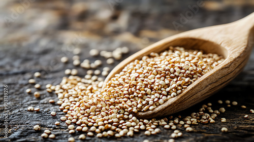 Close up of uncooked quinoa seeds in a wooden spoon. photo