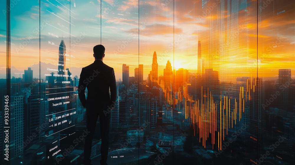 Abstract business man stands on the peak of success amid tall, innovative Smart city and graphs with statistics to analyze business potential and predict future developments in company growth.
Abstract business man stands on the peak of success amid tall, innovative Smart city and graphs with statistics to analyze business potential and predict future developments in company growth.