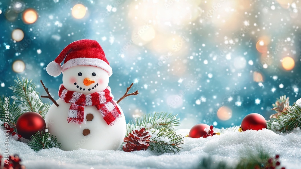 Merry Christmas and Happy New Year Greeting Card with Copy Space Featuring a Happy Snowman in a Christmas Landscape and Snowy Winter Fairytale Background Merry Christmas and Happy New Year Greeting Card with Copy Space Featuring a Happy Snowman in a Christmas Landscape and Snowy Winter Fairytale Background