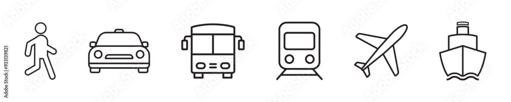 Transport line icons set. Texi, bus, train, ship, plane and on foot. Public, travel and delivery transport icons Vector. Transport line icons set. Texi, bus, train, ship, plane and on foot. Public, travel and delivery transport icons Vector.