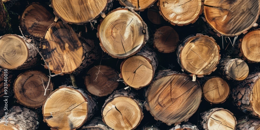 pine trees log stack storage pile in forest wood industry close up shot