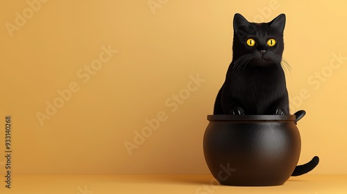 A playful black cat sitting in a black pot against a bright yellow background, perfect for Halloween or pet-themed designs.