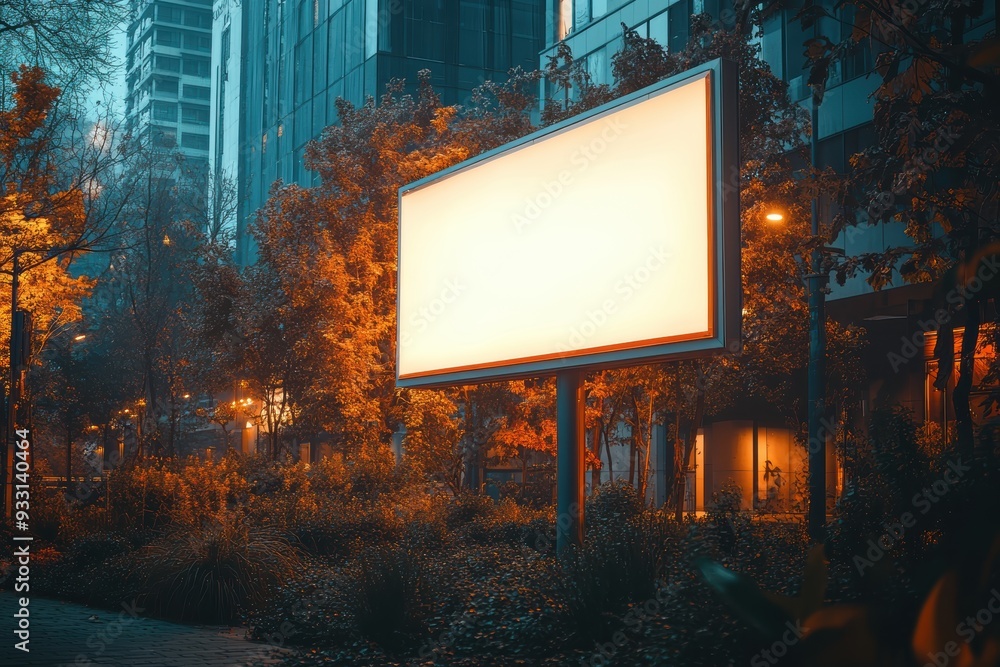 A large white billboard sits in a city park at night A large white billboard sits in a city park at night
