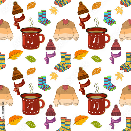  This vibrant and cozy pattern captures the essence of autumn. It features steaming mugs, warm knitted hats, snug sweaters, and playful socks—all elements synonymous with fall comfort.