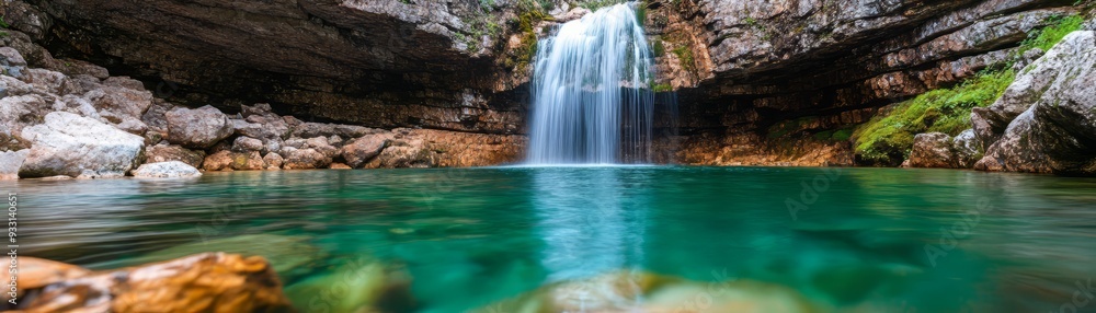 Serene waterfall cascading into a clear blue pool, surrounded by lush greenery and rocky cliffs, creating a picturesque natural scene. Serene waterfall cascading into a clear blue pool, surrounded by lush greenery and rocky cliffs, creating a picturesque natural scene.