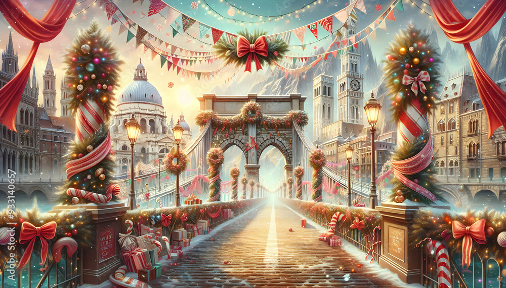 Photo Realistic as Scenic bridge with festive banners concept as A picturesque bridge adorned with festive banners capturing the essence of celebration ideal for business presentations needing a clean Photo Realistic as Scenic bridge with festive banners concept as A picturesque bridge adorned with festive banners capturing the essence of celebration ideal for business presentations needing a clean