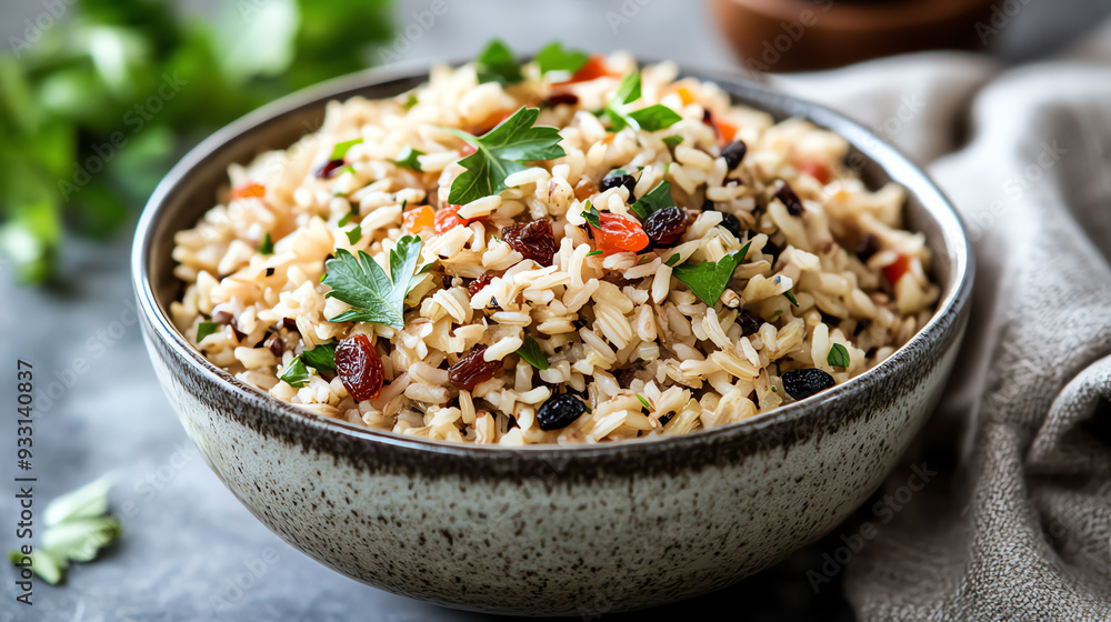 Bowl of savory rice with raisins and parsley. Bowl of savory rice with raisins and parsley.