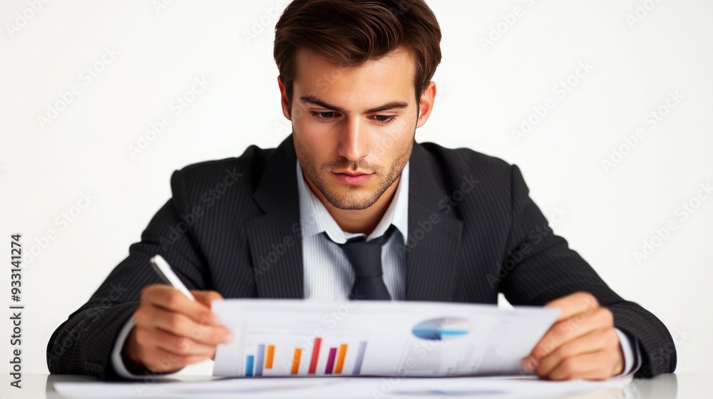 A businessman analyzing an annual report, with a serious and analytical look. A businessman analyzing an annual report, with a serious and analytical look.