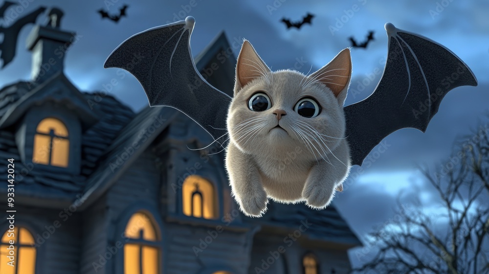 A whimsical flying cat with bat wings in a spooky night scene, bringing a touch of magic and fun to Halloween.