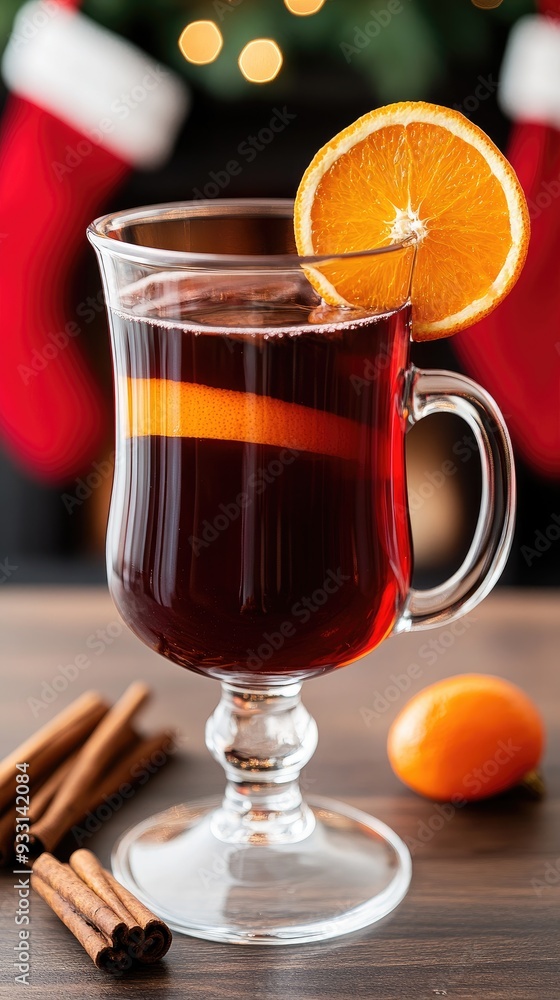 Warm mulled wine with cinnamon and orange by a crackling fireplace adorned for Christmas Warm mulled wine with cinnamon and orange by a crackling fireplace adorned for Christmas