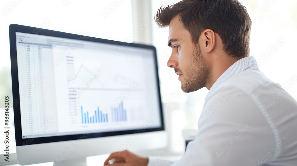 A businessman analyzing performance metrics on his computer screen, A businessman analyzing performance metrics on his computer screen,