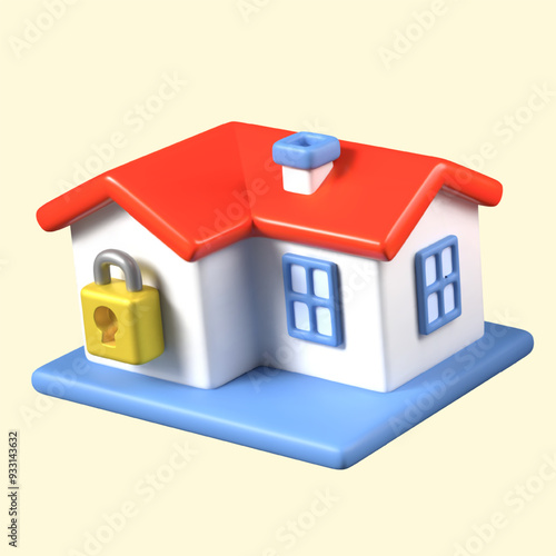 Realistic house with red roof and big lock. Vector template for advertising security systems