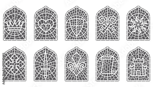Church glass windows. Gothic vector arch frame with medieval symbols. Vintage architecture elements. Stained mosaic decoration set with crown, heart, shield and sword