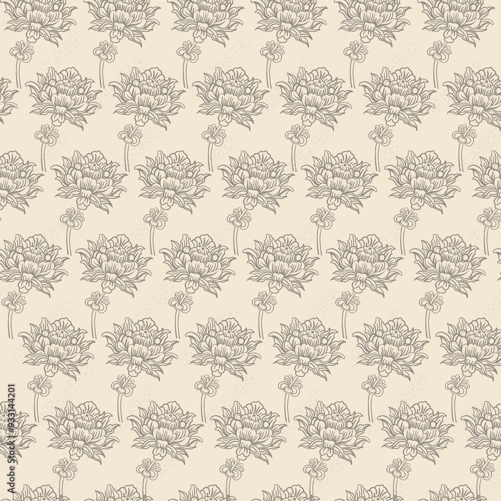 Seamless pattern in Asian style. Fantasy linear plants on a colored background, stylized as Chinese, Japanese, Korean ornament. Vintage themed digital illustration for branding, posters, invitations Seamless pattern in Asian style. Fantasy linear plants on a colored background, stylized as Chinese, Japanese, Korean ornament. Vintage themed digital illustration for branding, posters, invitations