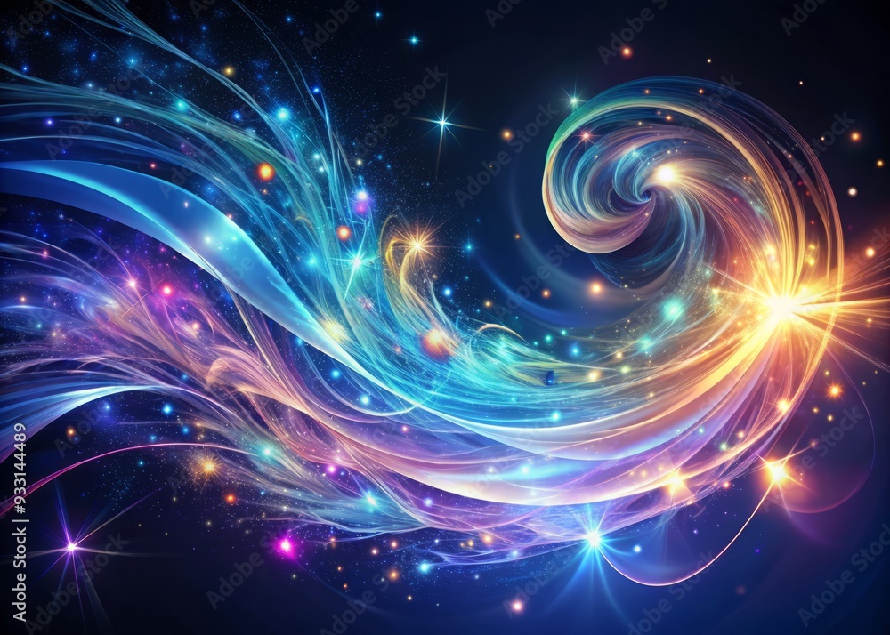 Vibrant swirling vortex of iridescent wisps meet gleaming metallic tendrils against a deep indigo backdrop, exuding whimsical futurism in a mesmerizing low-angle composition. Vibrant swirling vortex of iridescent wisps meet gleaming metallic tendrils against a deep indigo backdrop, exuding whimsical futurism in a mesmerizing low-angle composition.