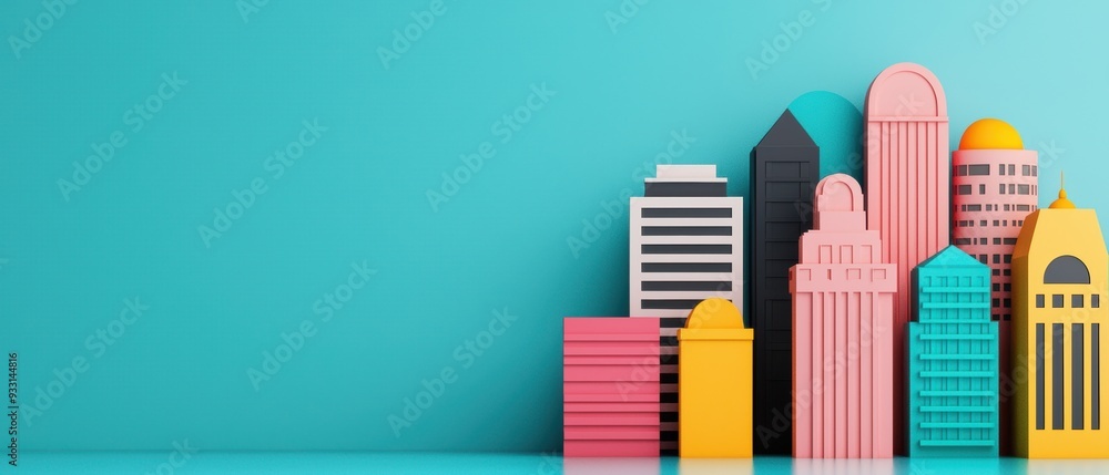Obraz premium Bustling Cartoon Cityscape with Colorful Characters and Stories, Selective Focus on Copy Space - Grunge Splash