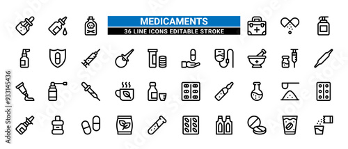36 Medicament Line Icons Set Pack Editable Stroke Vector Illustration.