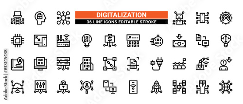 36 Digitalization Line Icons Set Pack Editable Stroke Vector Illustration.
