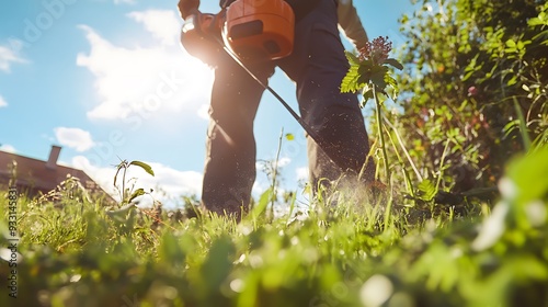 A person is using a weed whacker to cut weeds in a sunny, green lawn. The view is from a low angle, looking up at the person's legs and the sky. photo