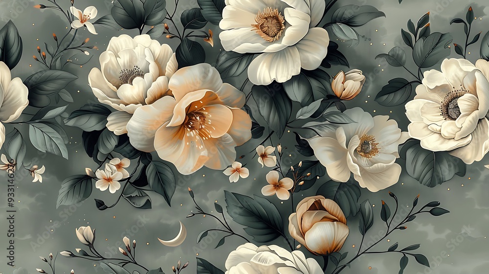 Fototapeta premium Bohemian seamless wallpaper featuring ethereal celestial garden elements like moonflowers, jasmine, stars, and crescent moons, hand-drawn in vintage style, soft, glowing colors, intricate details,