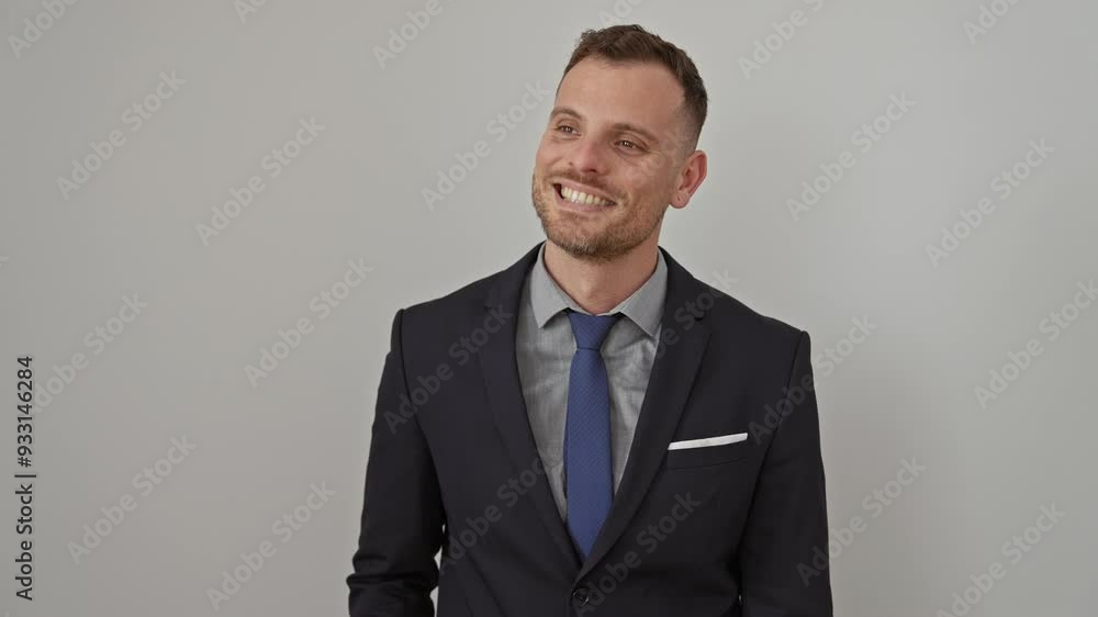 Confident young hispanic man wearing suit, smiling naturally in relaxed profile pose, looking to side over white, isolated background Confident young hispanic man wearing suit, smiling naturally in relaxed profile pose, looking to side over white, isolated background