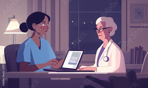 Doctors, nurse or laptop in night healthcare, planning research or surgery teamwork