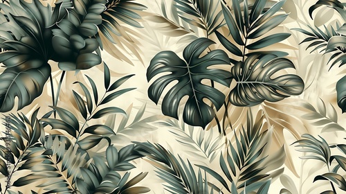 Bohemian seamless wallpaper featuring lush ferns and delicate leaves, hand-drawn in vintage style, soft, earthy greens, intricate details, natural light effect, hd quality. --ar 16:9 --v 6.