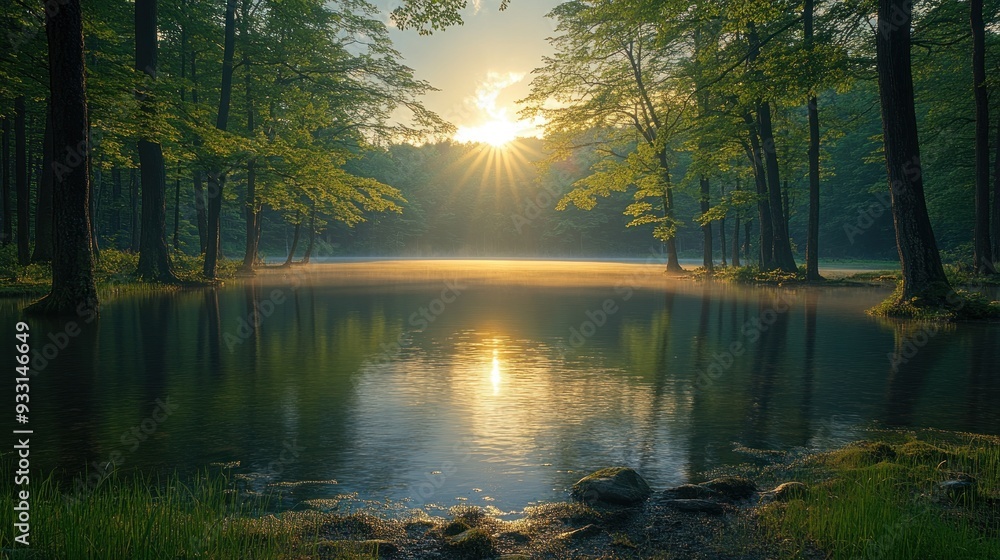 Sunrise Over a Misty Lake in the Forest Sunrise Over a Misty Lake in the Forest