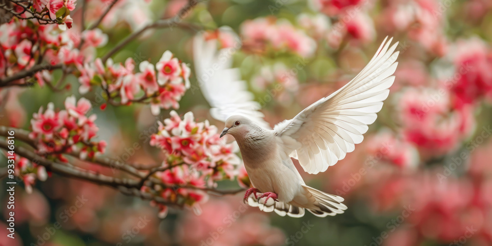 A white dove flies against the backdrop of pink cherry blossoms Banner. A white dove flies against the backdrop of pink cherry blossoms Banner.