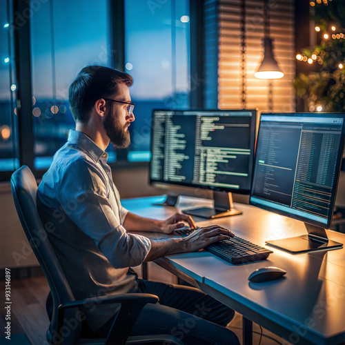 IT professional coding at night. Nighttime IT project development.