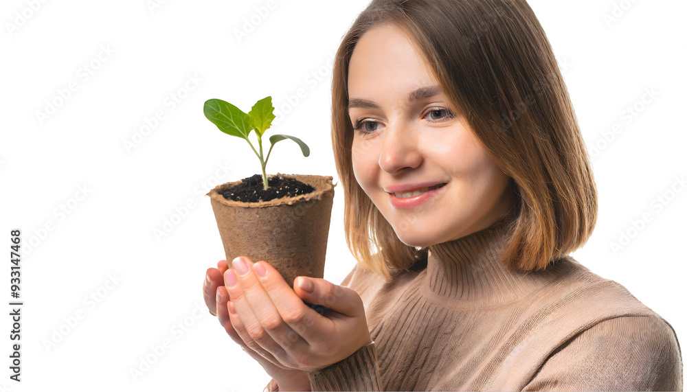 female hands hold a peat pot with an eggplant sprout on a white isolated background. Generative AI. female hands hold a peat pot with an eggplant sprout on a white isolated background. Generative AI.