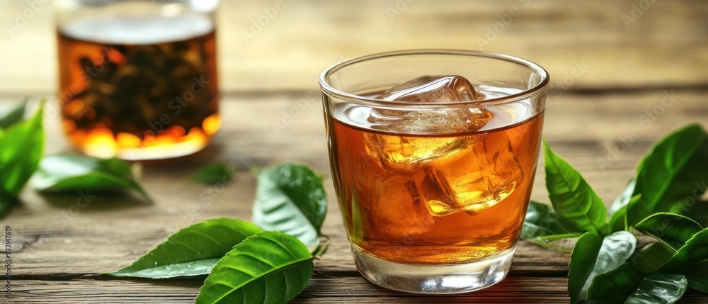 Glass of Iced Tea with Ice Cubes and Green Leaves Glass of Iced Tea with Ice Cubes and Green Leaves