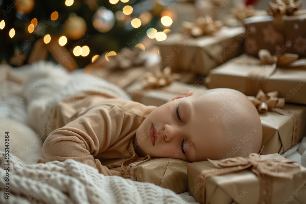 Serene little boy beautiful bald head rests quietly bed. Small bald boy peacefully dreams of boxes while he sleeps soundly. Juxtaposition of sleep and dreams Serene little boy beautiful bald head rests quietly bed. Small bald boy peacefully dreams of boxes while he sleeps soundly. Juxtaposition of sleep and dreams