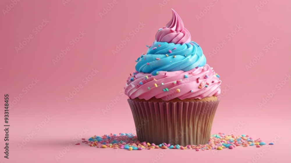 Cupcake with pink-blue frosting and rainbow sprinkles on pink background Cupcake with pink-blue frosting and rainbow sprinkles on pink background