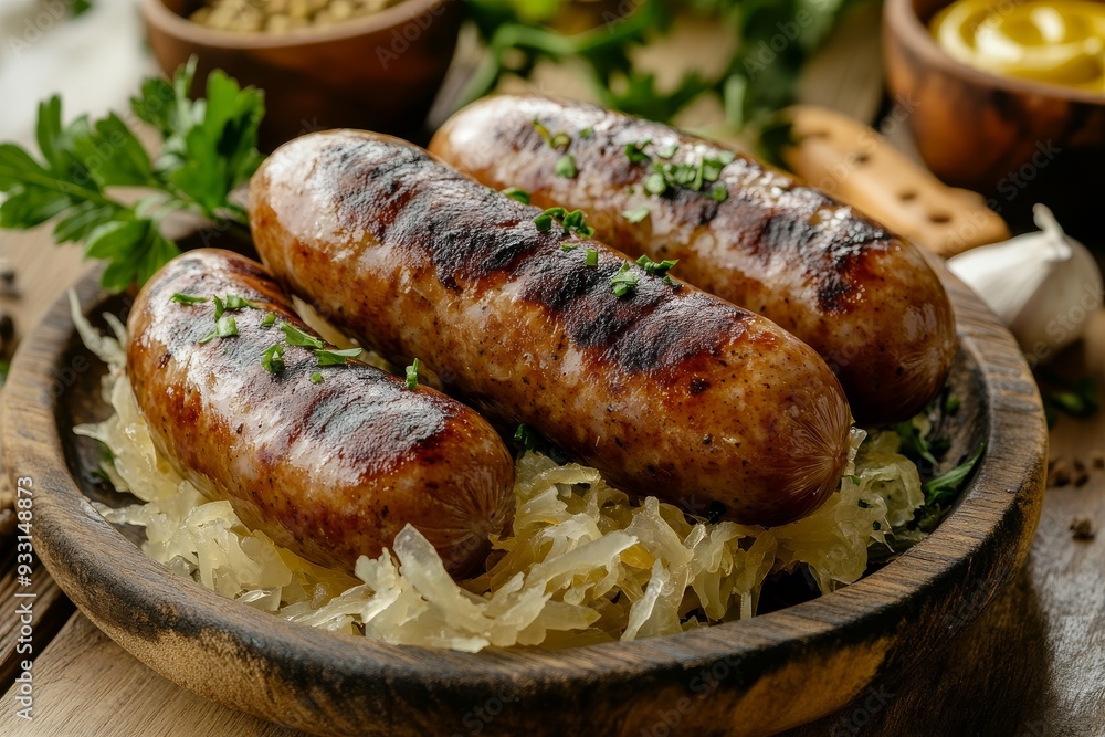 German sausages on sauerkraut with mustard served on a rustic wooden plate German sausages on sauerkraut with mustard served on a rustic wooden plate