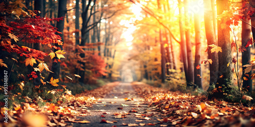 Photo Realistic as Autumn forest path with colorful leaves concept as A peaceful forest path covered in colorful autumn leaves capturing the essence of Thanksgiving perfect for business presentations 