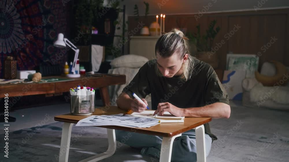 Wide shot of young Caucasian designer bringing his fashion ideas to paper at workshop Wide shot of young Caucasian designer bringing his fashion ideas to paper at workshop