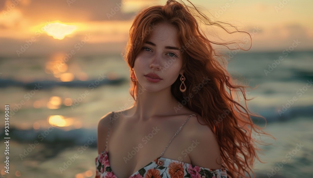 Portrait of Young Woman at Sunset Beach, Red Hair, Dreamy Expression, Floral Dress, Ocean Background, Serene and Beautiful Portrait of Young Woman at Sunset Beach, Red Hair, Dreamy Expression, Floral Dress, Ocean Background, Serene and Beautiful