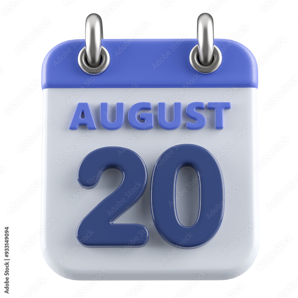 20th August Calendar Icon 3D Render 20th August Calendar Icon 3D Render