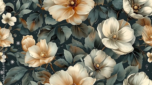 Wallpaper Mural Celestial garden seamless wallpaper design, with hand-drawn vintage illustrations of moonflowers, jasmine, stars, and crescent moons, deep blue and silver tones, mystical night sky backdrop, Torontodigital.ca