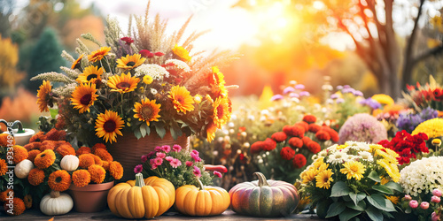 Photo Realistic as Autumn garden with a variety of colorful flowers concept as A vibrant autumn garden filled with a variety of colorful flowers capturing the essence of Thanksgiving perfect for busin photo