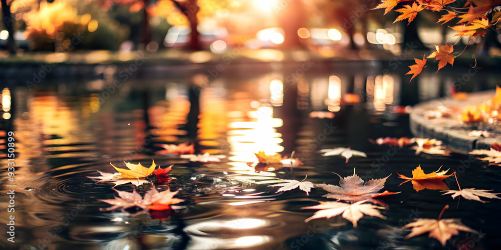 Photo Realistic as Autumn leaves floating on a calm pond concept as A serene pond with autumn leaves floating on the surface providing a clean and festive background for business presentations during Photo Realistic as Autumn leaves floating on a calm pond concept as A serene pond with autumn leaves floating on the surface providing a clean and festive background for business presentations during