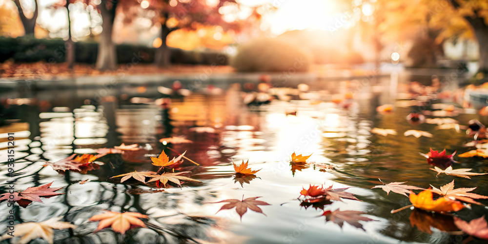 Photo Realistic as Autumn leaves floating on a calm pond concept as A serene pond with autumn leaves floating on the surface providing a clean and festive background for business presentations during Photo Realistic as Autumn leaves floating on a calm pond concept as A serene pond with autumn leaves floating on the surface providing a clean and festive background for business presentations during