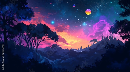 Wallpaper Mural Silhouetted Trees Against a Vibrant, Starry Night Sky with Two Planets Torontodigital.ca