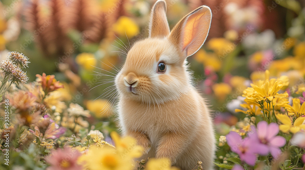 Fototapeta premium A tiny fluffy baby rabbit hopping through a garden